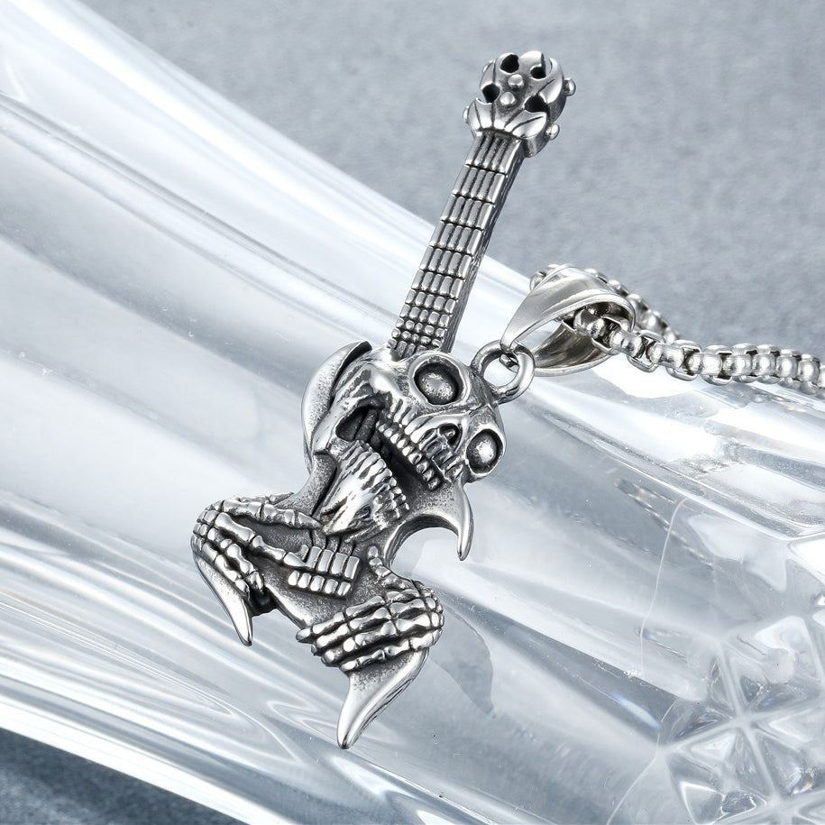 Halloween Skull Electric Guitar Titanium Steel Necklace for Men