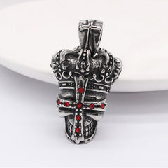 Halloween Red Zircon Cross Crown Skull Titanium Steel Pendant for Men