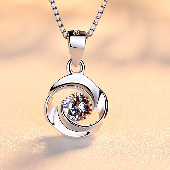 (Pendant only) Rose Design with Round Zircon Silver Pendant for Women