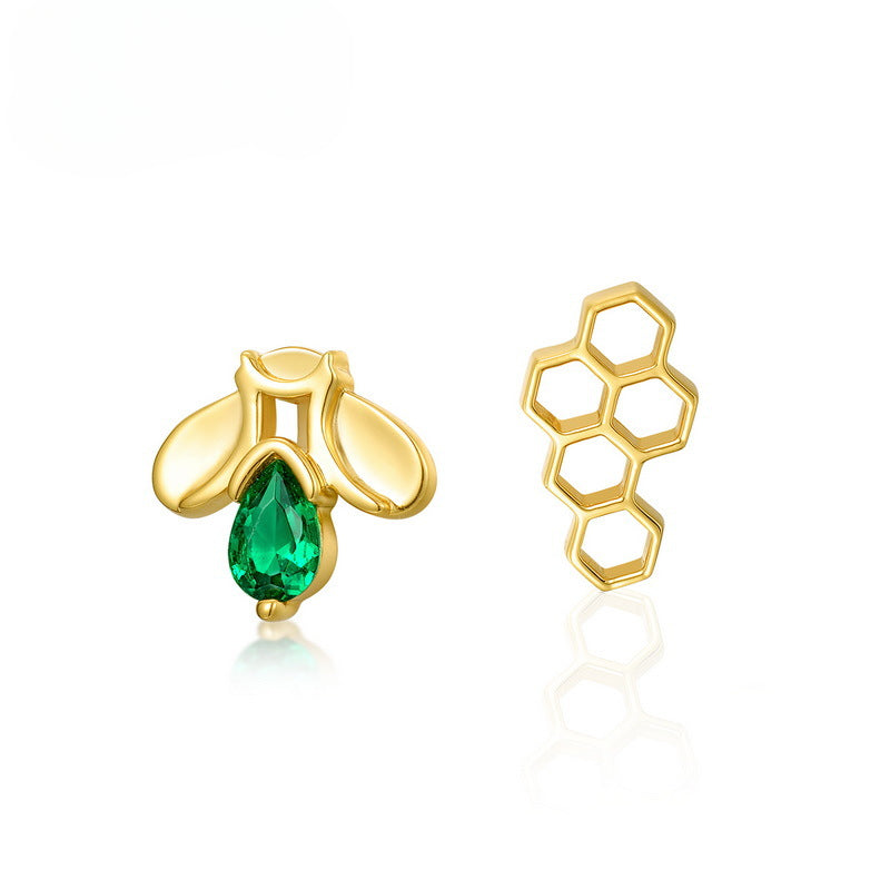 Green Zircon Bee Honeycomb Asymmetric Sterling Silver Stud Earrings