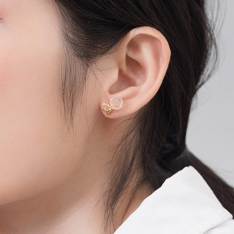 Pink Crystal Rose Bee and Leaf Zircon Silver Stud Earrings