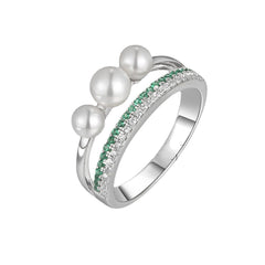 Green and White Zircon with Freshwater Pearl Double Layers Silver Ring for Women