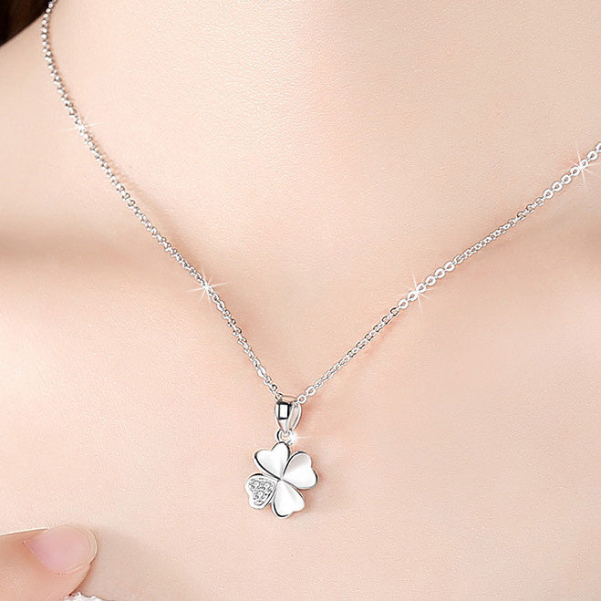 Valentine's Day Gift Heart-shape Leaf Clover with Zircon Silver Necklace for Women