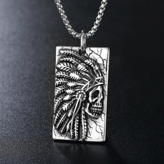 Halloween American Indian Skull Rectangle Titanium Steel Necklace for Men