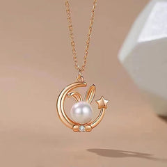 Star Moon Natural Pearl Rabbit Pendant Silver Necklace for Women