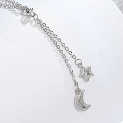 Tassel Zircon Star Moon Pendant Silver Necklace for Women