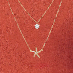 Starfish with Zircon Double Layers Silver Necklace for Women