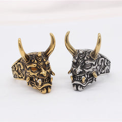 Halloween Long Horned Devil Skull Titanium Steel Ring for Men