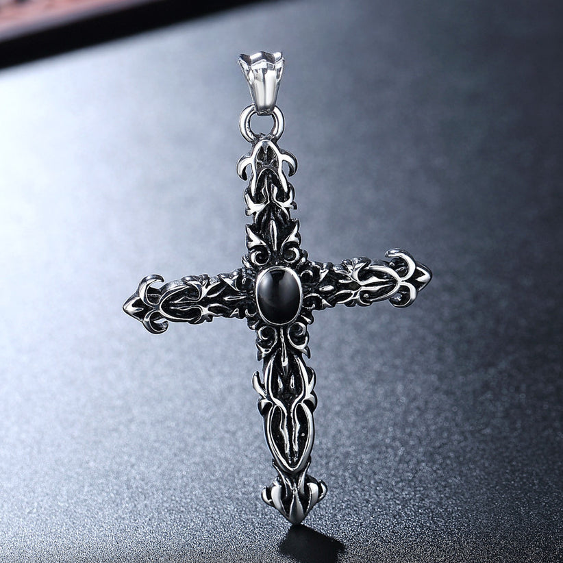 Latin Cross Flower Oval Black Stone Titanium Steel Pendant for Men