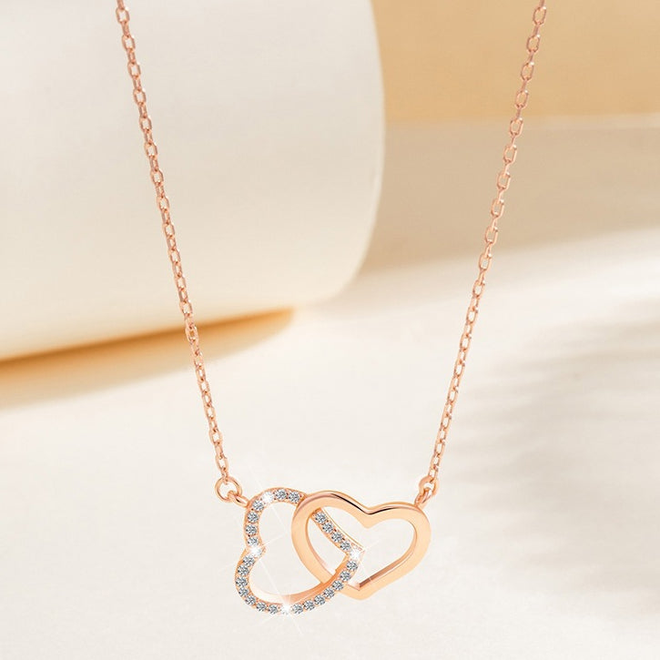 Valentine's Day Gift Two Hearts with Zircon Silver Necklace for Women