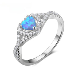 Heart Shape Blue Opal Zircon Halo Interwoven Split Shank Sterling Silver Ring