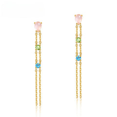 Luxury Pear Shape Pink Crystal Tassel Silver Drop Earrings