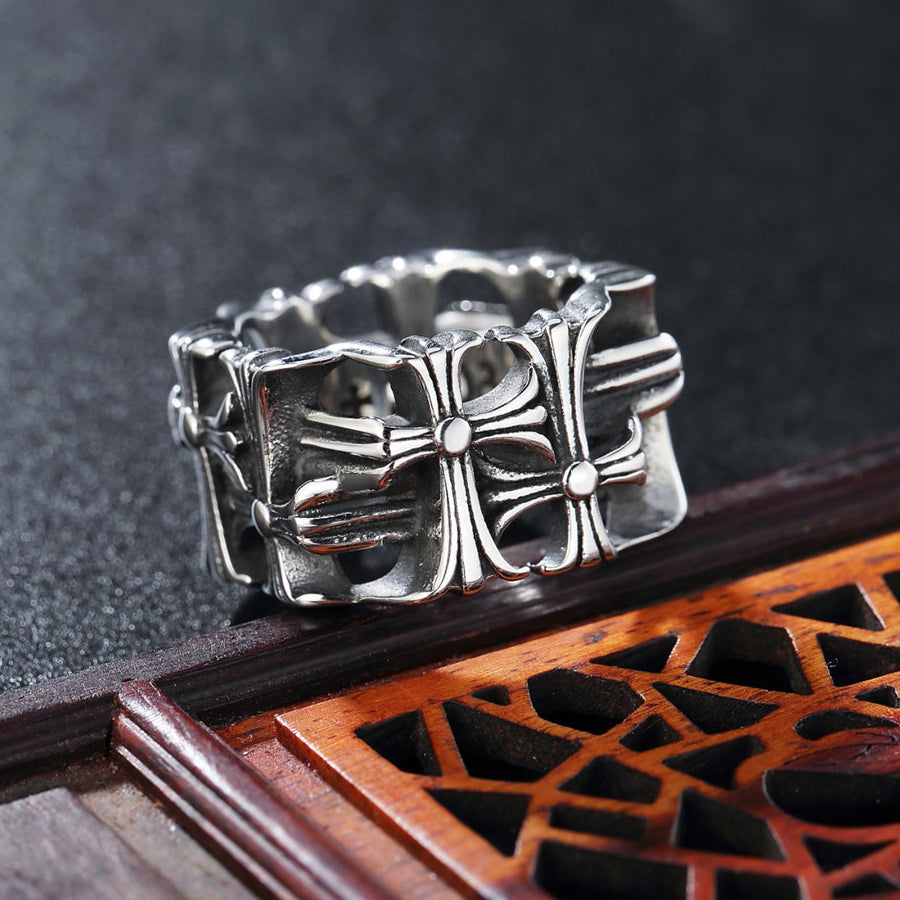 Hollow Forward Reverse Cross Flower Square Titanium Steel Ring for Men