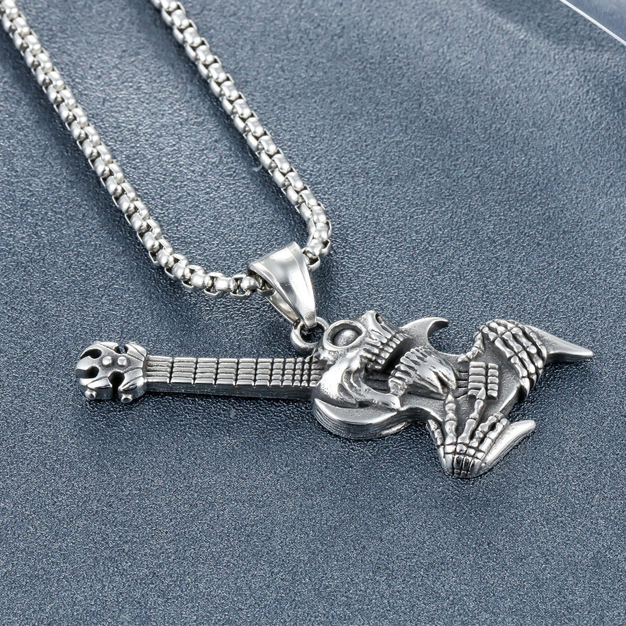 Halloween Skull Electric Guitar Titanium Steel Necklace for Men