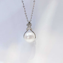 Round Natural Pearl with Zircon Rope Knot Pendant Silver Necklace for Women