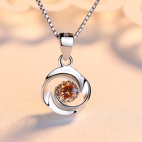 (Pendant only) Rose Design with Round Zircon Silver Pendant for Women