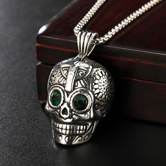 Halloween Ghost Skull Green Zircon Titanium Steel Necklace for Men