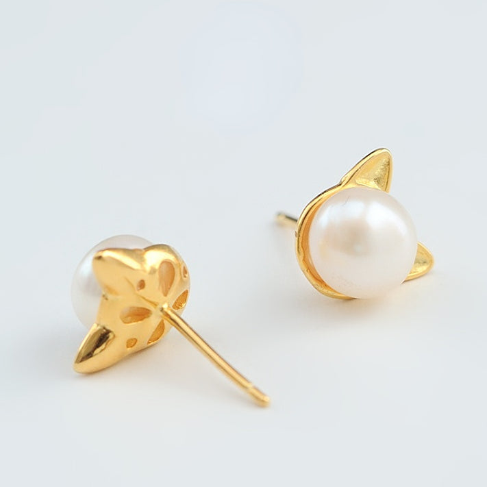 Pearl Little Cat Silver Stud Earrings for Women