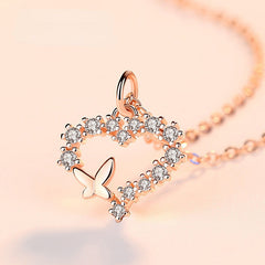 Zircon Heart with Butterfly Pendant Silver Necklace for Women