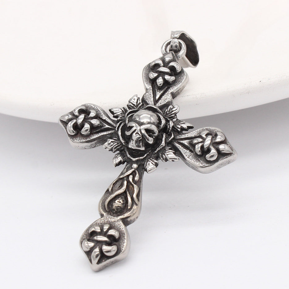 Halloween Skull Childern Flower Latin Cross Titanium Steel Pendant for Men