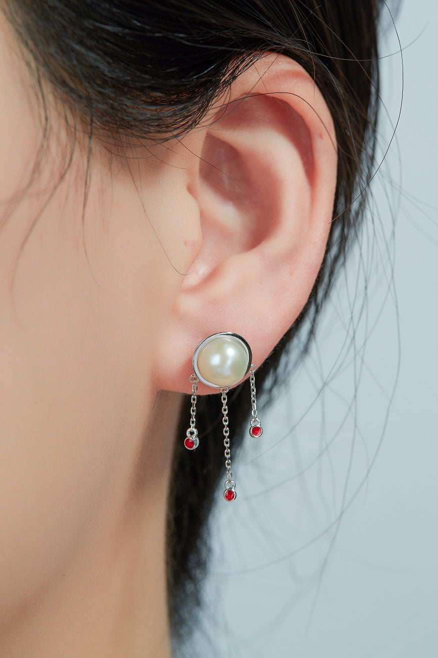 Round Pearl Enamel Tassels Drop Earrings