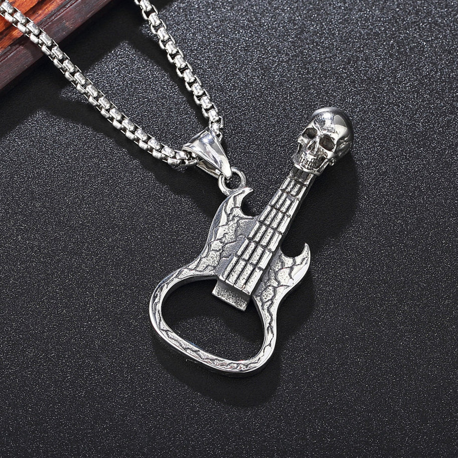 Halloween Skeleton Guitar Bottle Opener Titanium Steel Necklace for Men