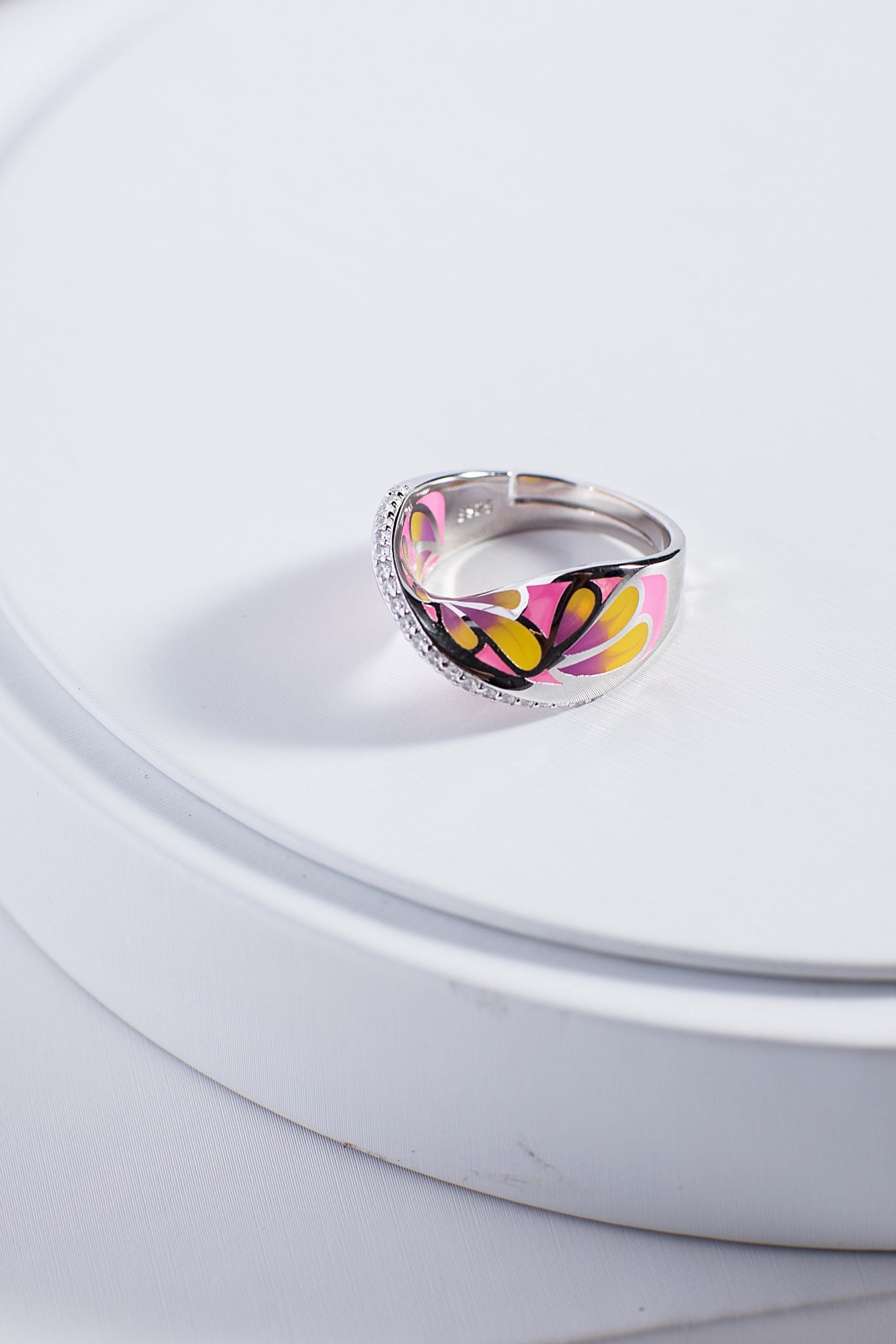 Pink Enamel Mobius Silver Ring