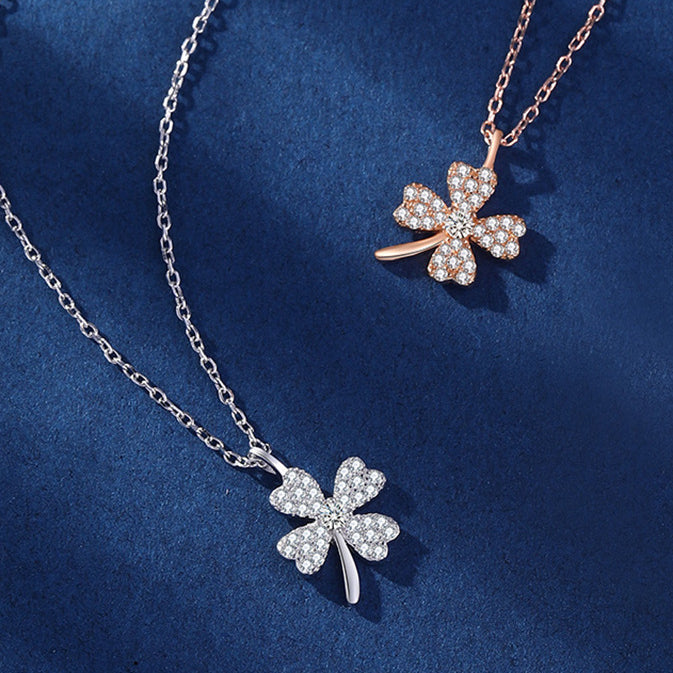 Full Zircon Lucky Clover Pendant Silver Necklace for Women