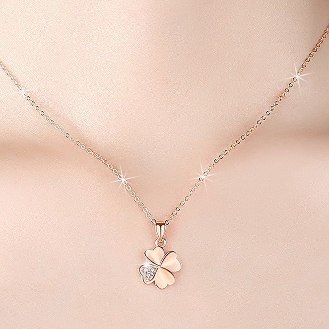 Valentine's Day Gift Heart-shape Leaf Clover with Zircon Silver Necklace for Women