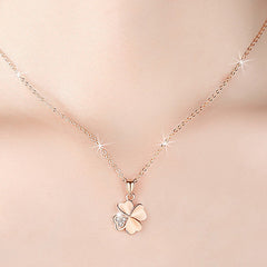 Valentine's Day Gift Heart-shape Leaf Clover with Zircon Silver Necklace for Women