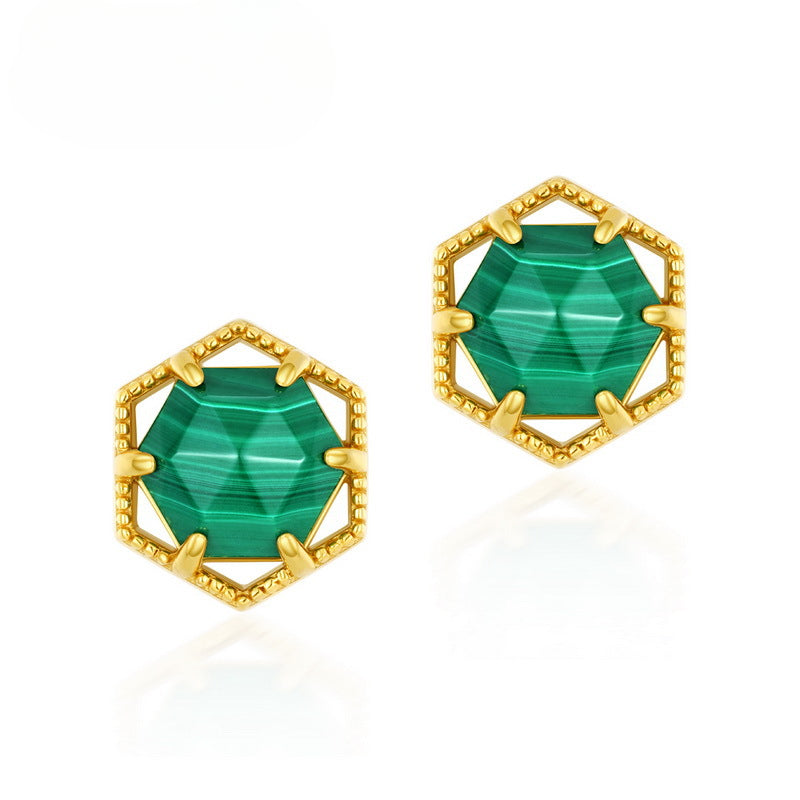 Hexagonal Malachite Sterling Silver Stud Earrings