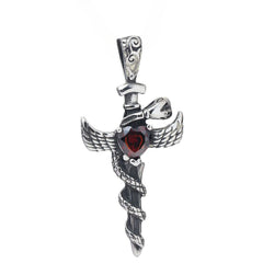 Vintage Wings Cross Sword Heart Shape Red Zircon Titanium Steel Pendant for Men