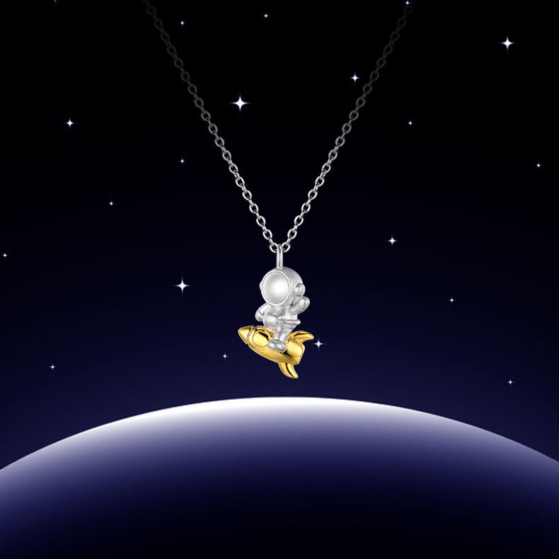 Rocket Astronaut Scrub Textured Silver Necklace for Women