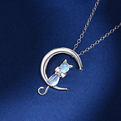 Opal Stone Kitten In Moon Silver Necklace for Women