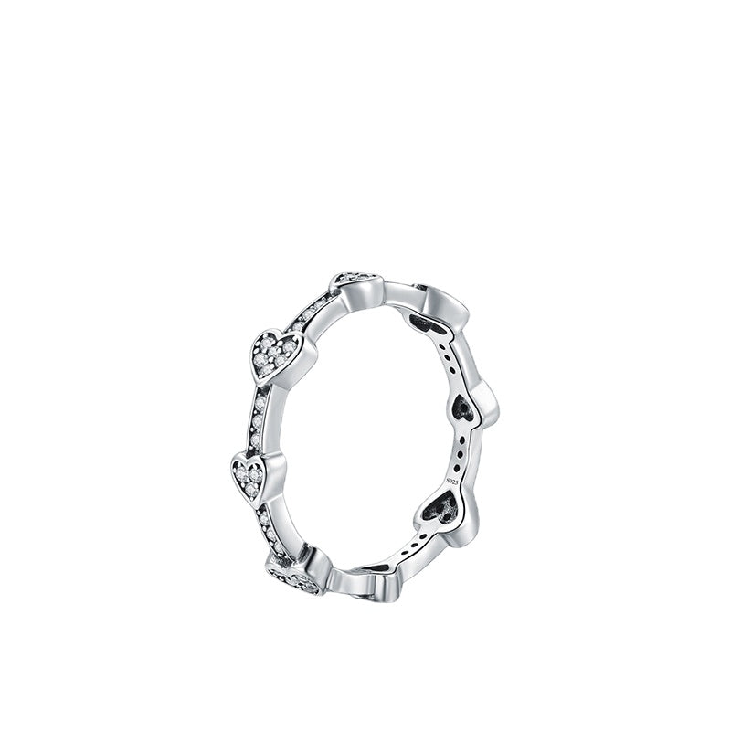 S925 Sterling Silver Full Zircon Heart-shaped Ring for Women, European and American Instagram Popular Stacked Silver Index Finger Ring, Simple and Fashionable Jewelry