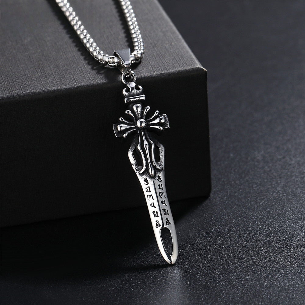 Inscription Cross Flower Sword Titanium Steel Necklace for Men