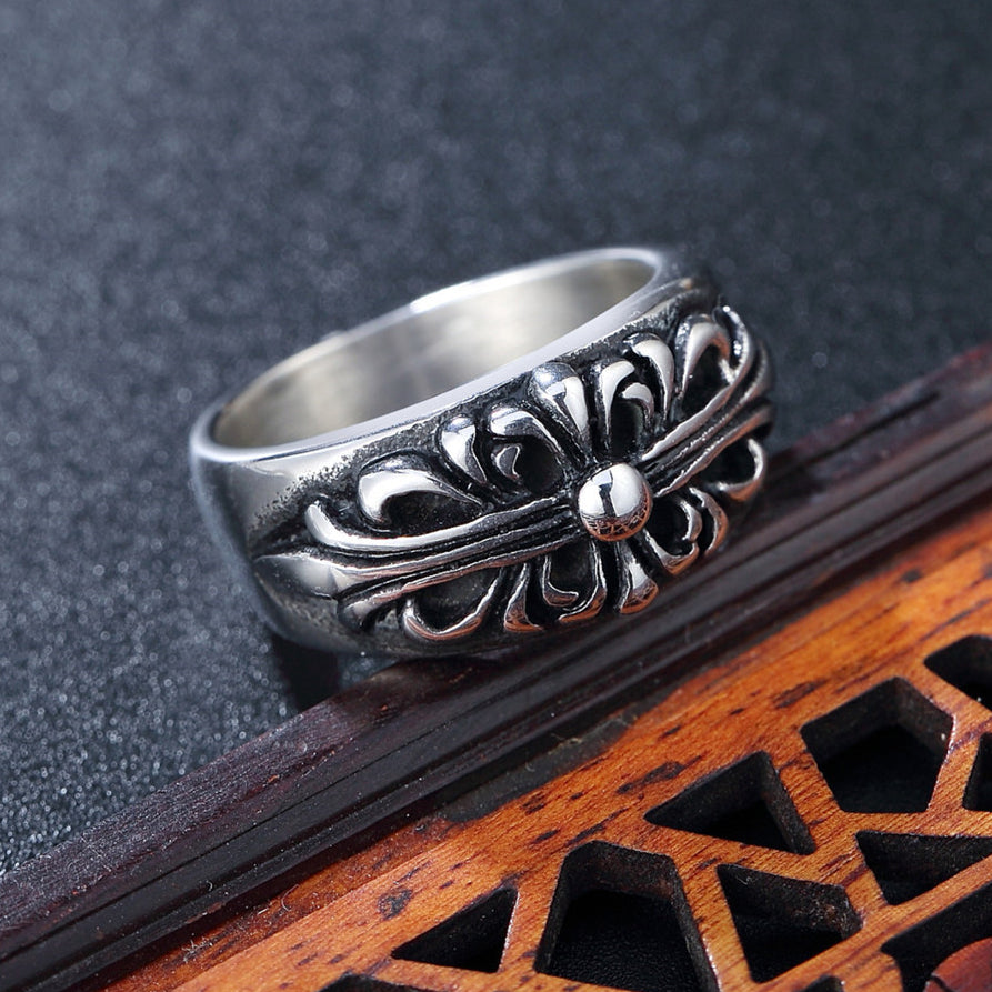 Long Cross Flower Wide Titanium Steel Ring for Men