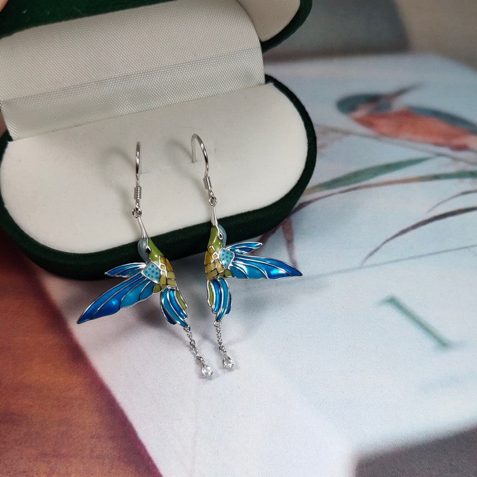 Blue Enamel Bird Silver Hook Earrings