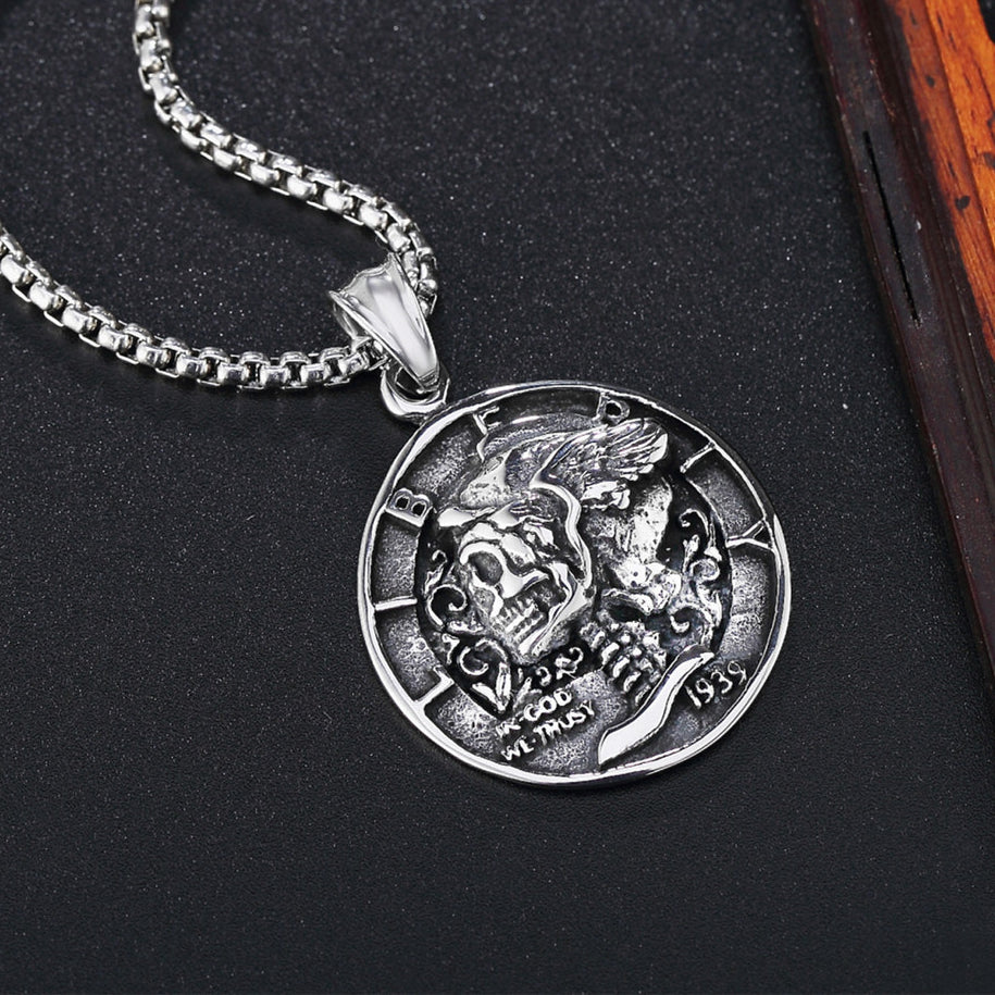 Halloween Skull 1939 Round Pendant Titanium Steel Necklace for Men