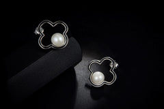 Black Enamel Clover with Pearl Stud Earrings