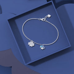 Double Four Leaf Clover with Blue Zircon Silver Bracelet for Women