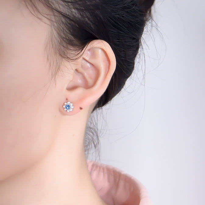 Blue Zircon with Pearl Flower Silver Studs Earrings for Women