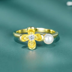 Laurel Flower Pearl Zircon Sterling Silver Ring