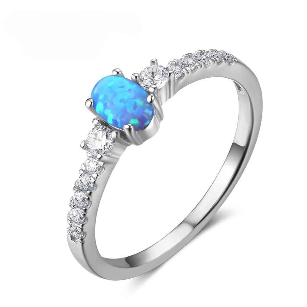 Cathedral Oval Blue Opal with Small Zircon Sterling Silver Ring