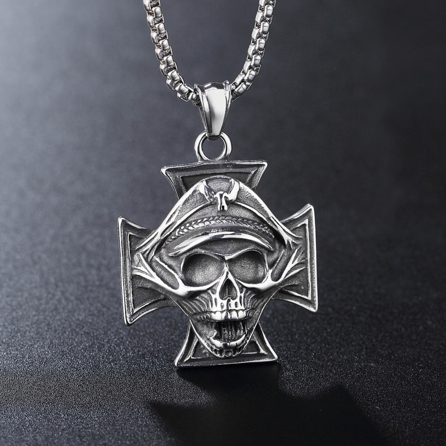 Halloween Police Skull Cross Titanium Steel Necklace for Men