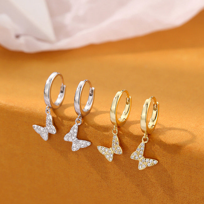 Mini Zircon Butterfly Silver Hoop Earrings for Women