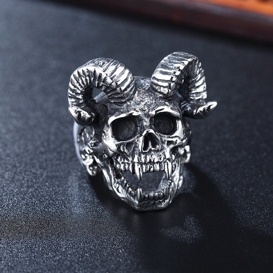 Halloween Monster Sheep Horn Skull Head Titanium Steel Ring for Men