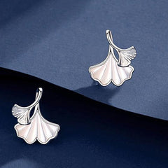 Mother of Pearl Ginkgo Leaf Silver Studs Earrings for Women