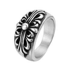 Long Cross Flower Wide Titanium Steel Ring for Men