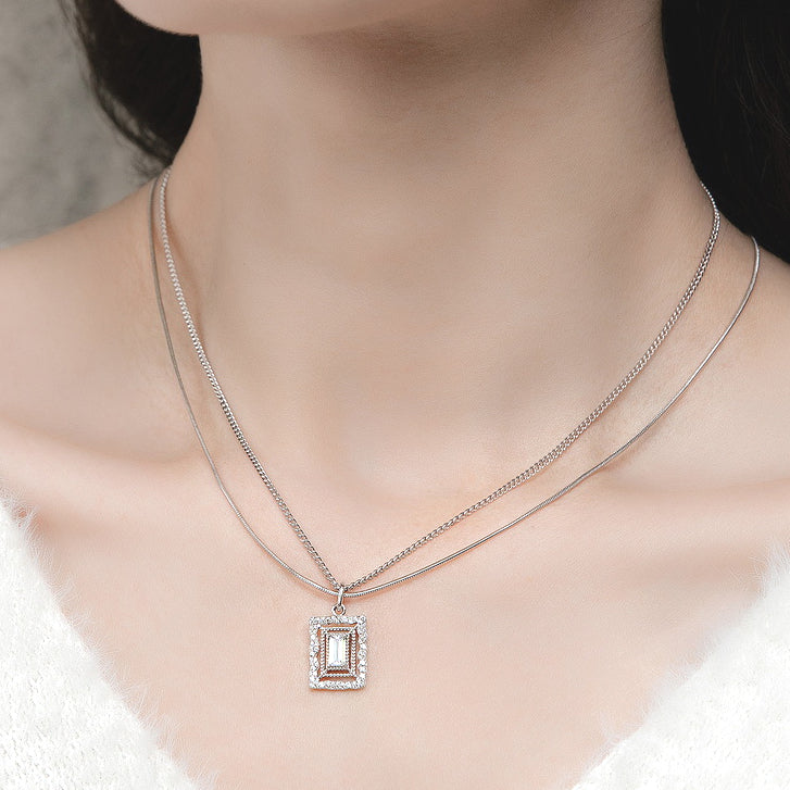 Rectangle Zircon with Wavy Halo Double Layers Sterling Silver Necklace